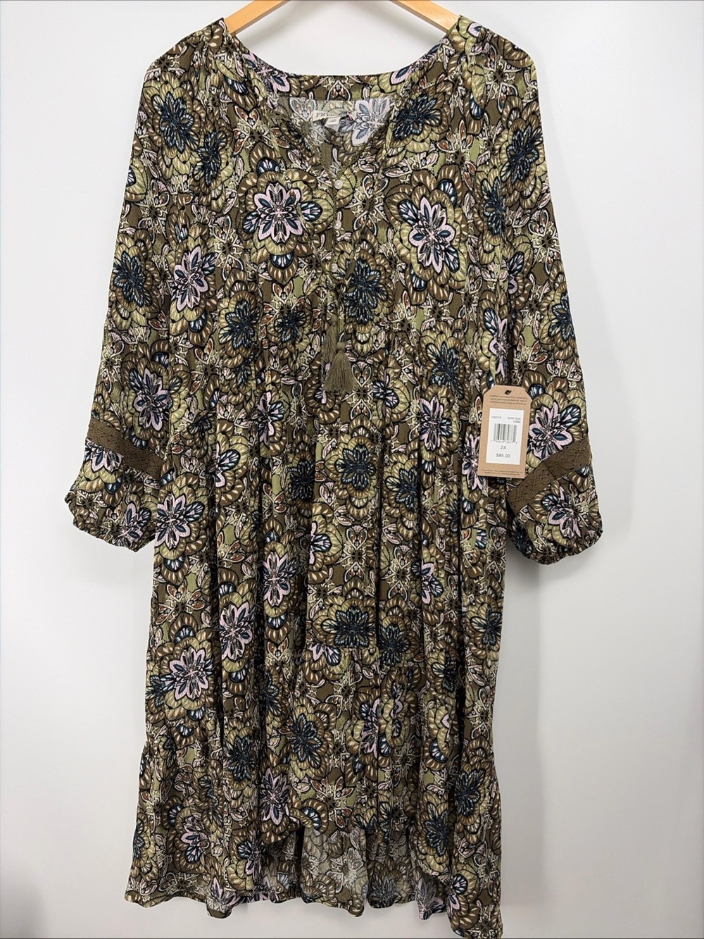 FRYE AND CO Dress Plus Size 2X Long Sleeve Midi Olive Green Boho New